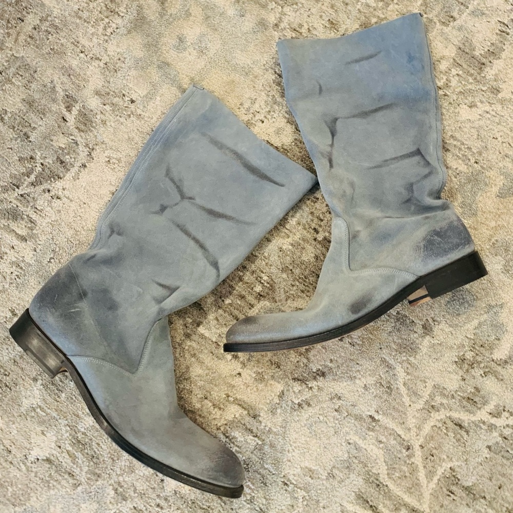 Paris France Atelier Voisin AV Blue Suede Boots Mid-Calf Pull Up Baby Blue Boots